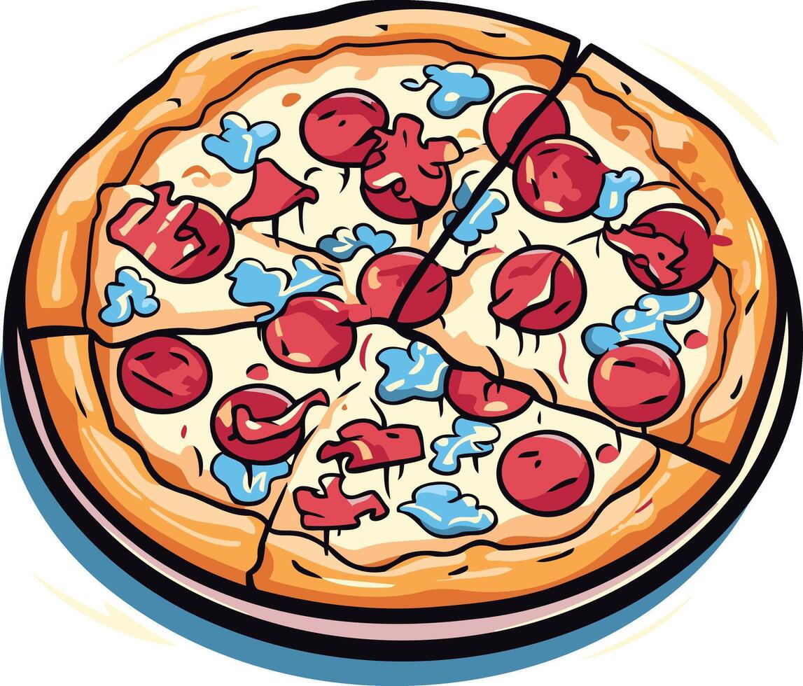 A delicious, cartoon-style pepperoni pizza with a slice removed, perfect for menu design, restaurant branding, and food-related content vector