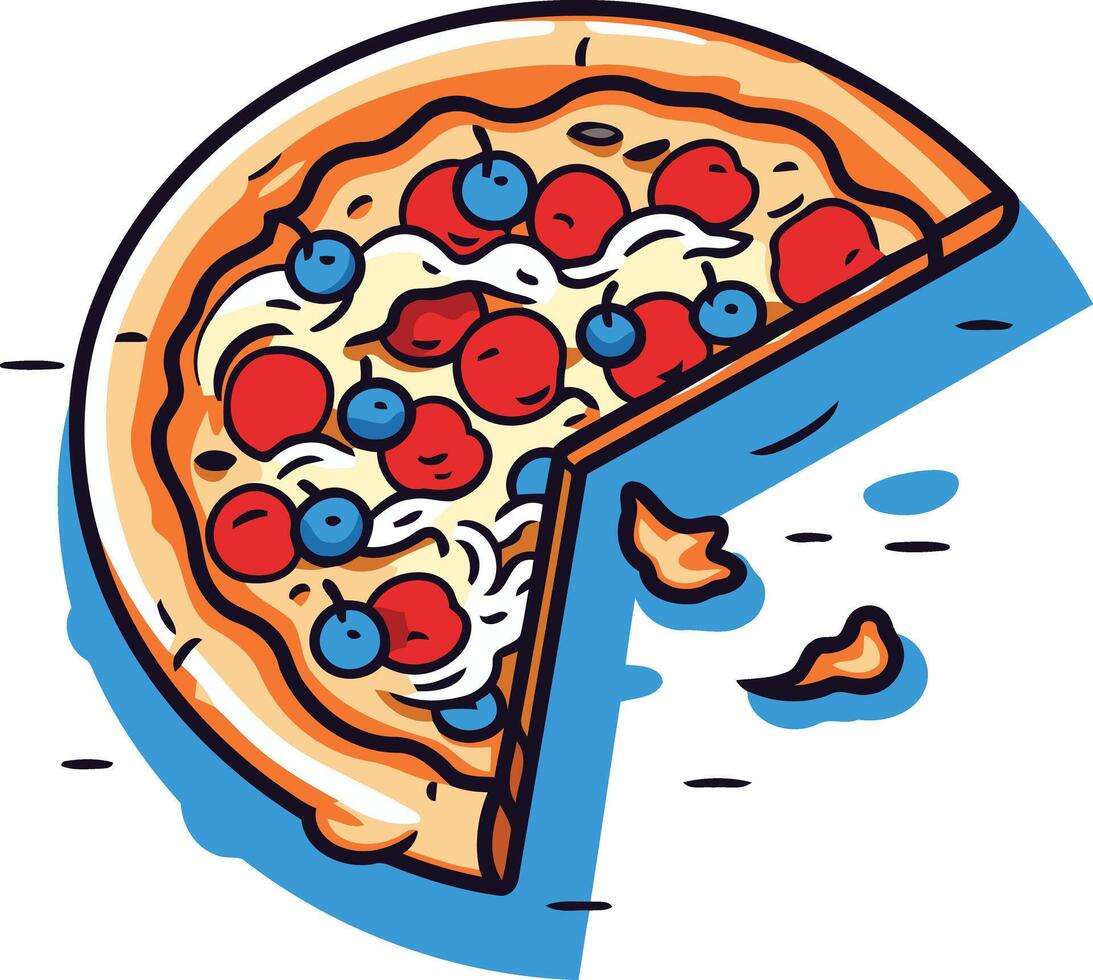 A delicious, cartoon-style pizza with a slice missing, perfect for menus, social media posts, or food blogs vector