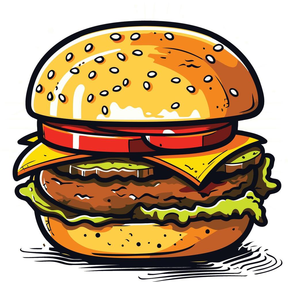 A juicy, cartoon-style hamburger with all the fixings vector