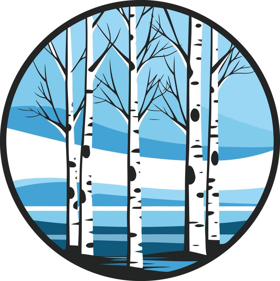 A minimalist, circular design featuring a stand of birch trees against a blue, stylized landscape vector