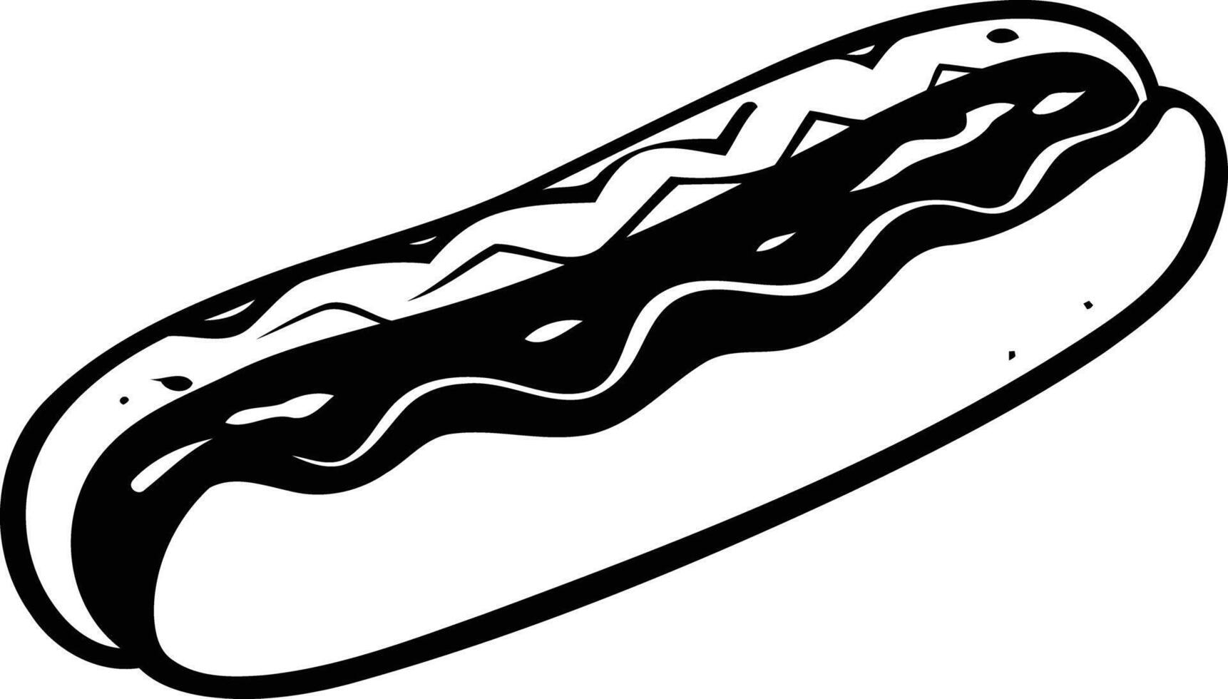 A simple, bold black and white silhouette of a hot dog with mustard, perfect for use in logos, menus, or any design project that needs a classic food icon vector