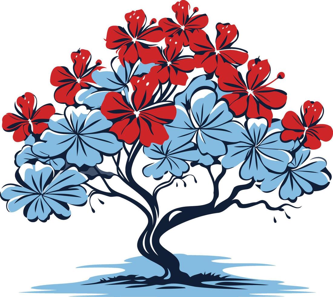 A stylized tree with red and blue flowers, perfect for eco-friendly brands, nature-themed designs, and springsummer promotions vector