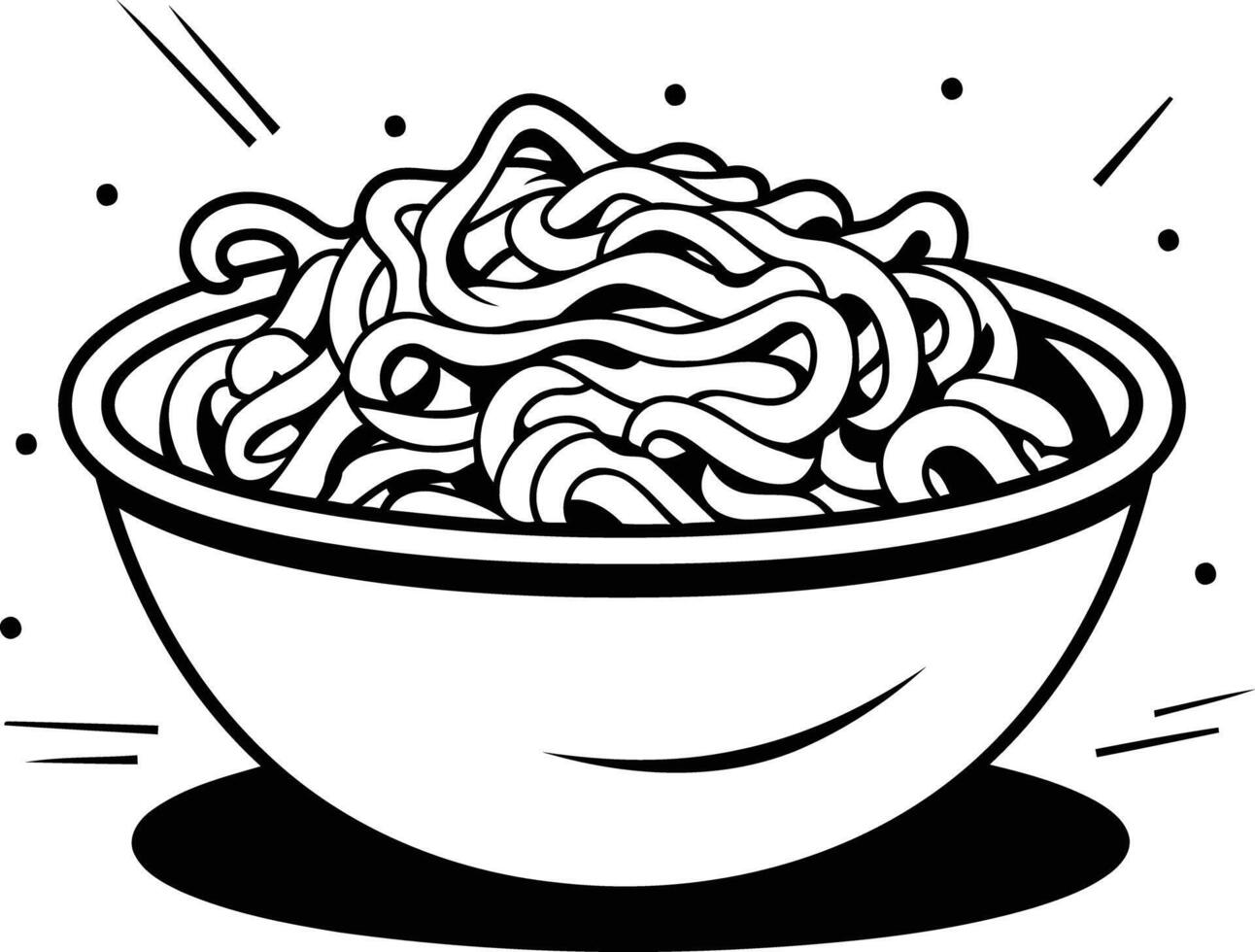 A simple line drawing of a bowl of noodles, perfect for use in cookbooks, recipe websites, and food blogs vector