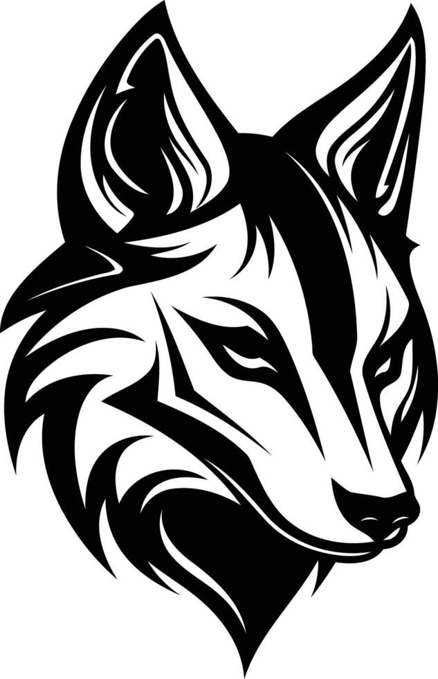 A striking black and white illustration of a wolf's head, ideal for branding, tattoos, and apparel designs vector