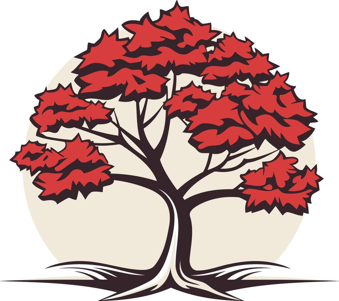 A stylized red tree with thick roots against a beige circle background, perfect for nature-themed logos, branding, and environmental designs vector