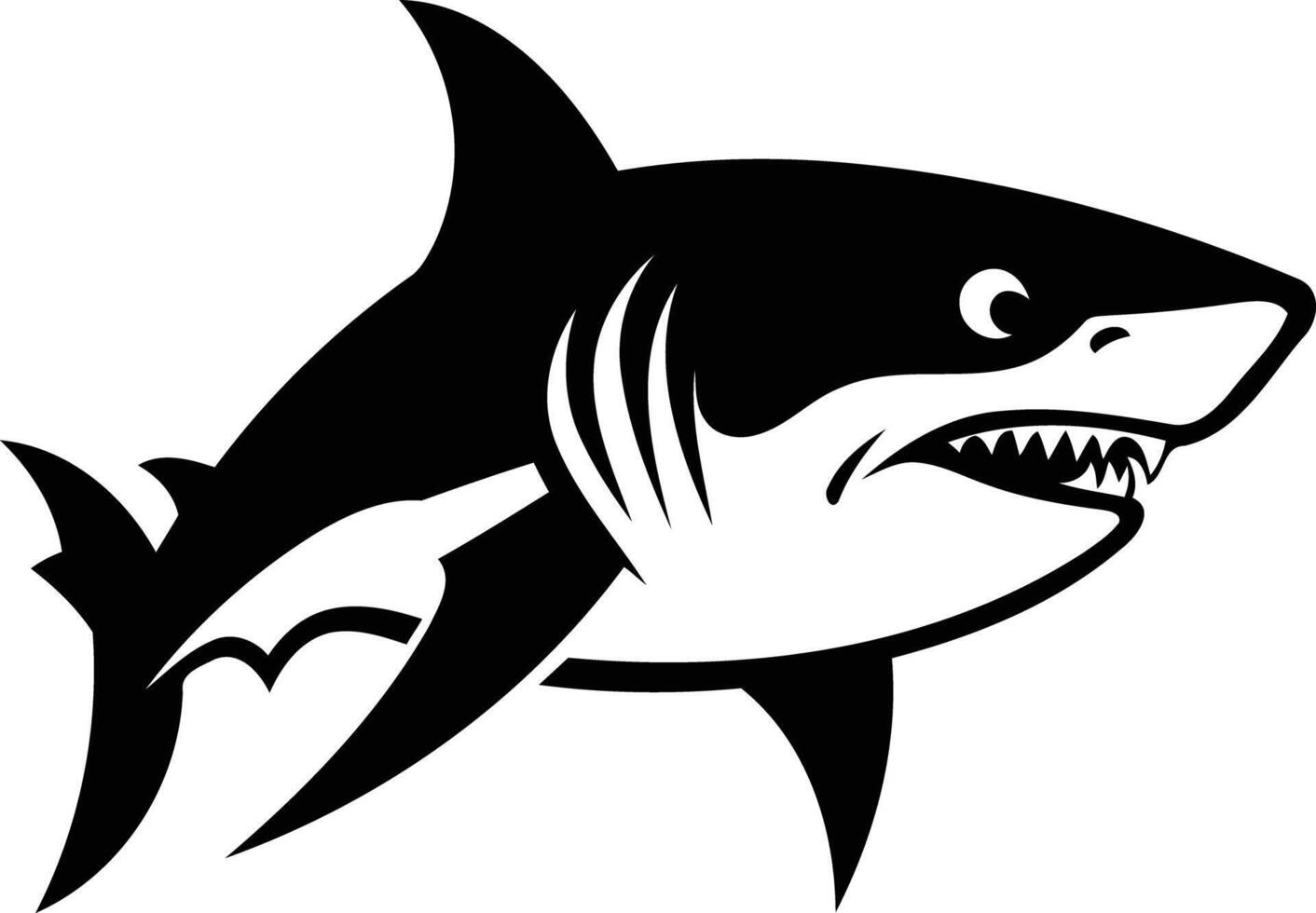 A fierce, black and white silhouette of a great white shark, perfect for logo design, branding, or illustration vector