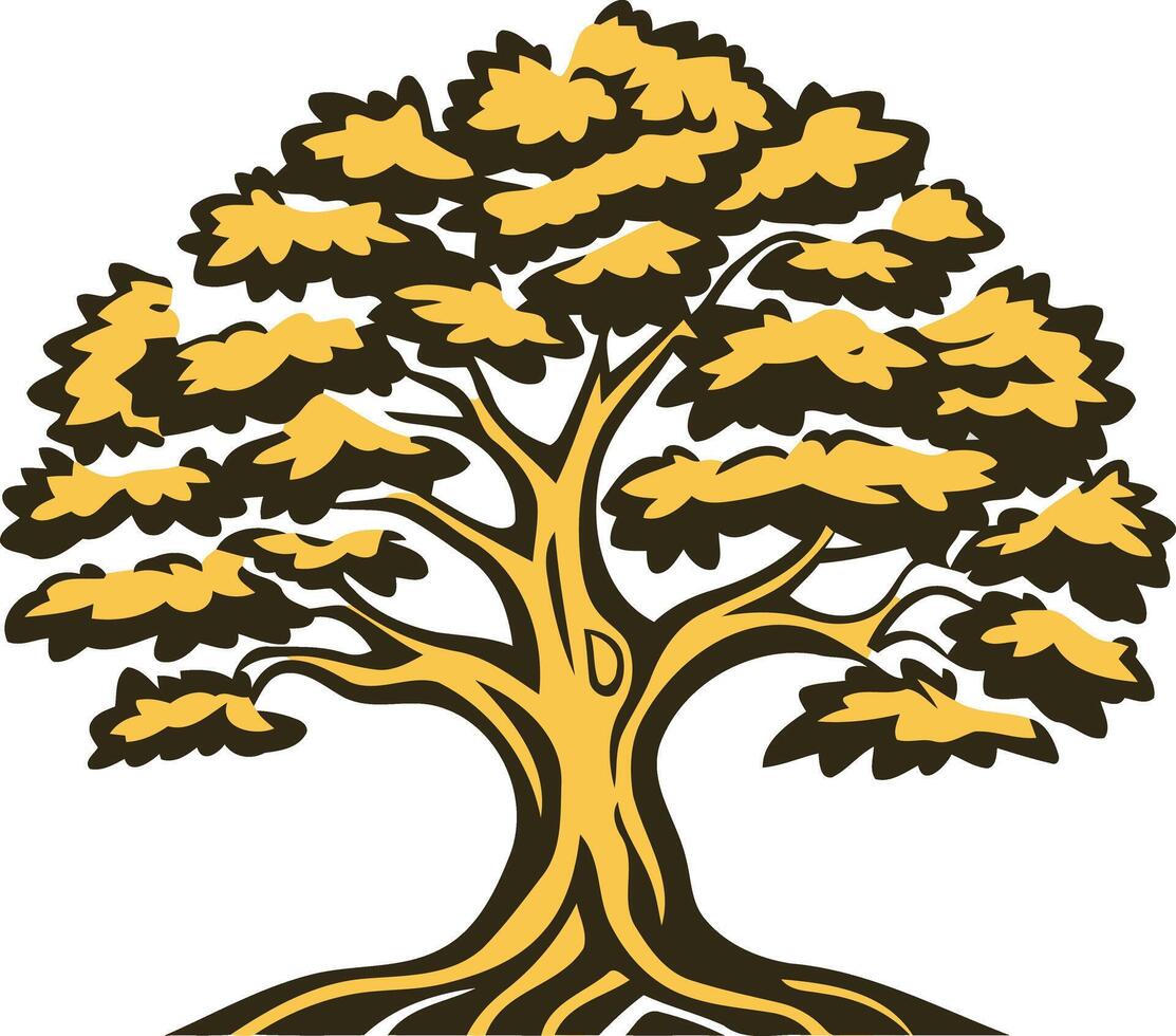 A strong, stylized oak tree with prominent roots, symbolizing growth, longevity, and strength vector