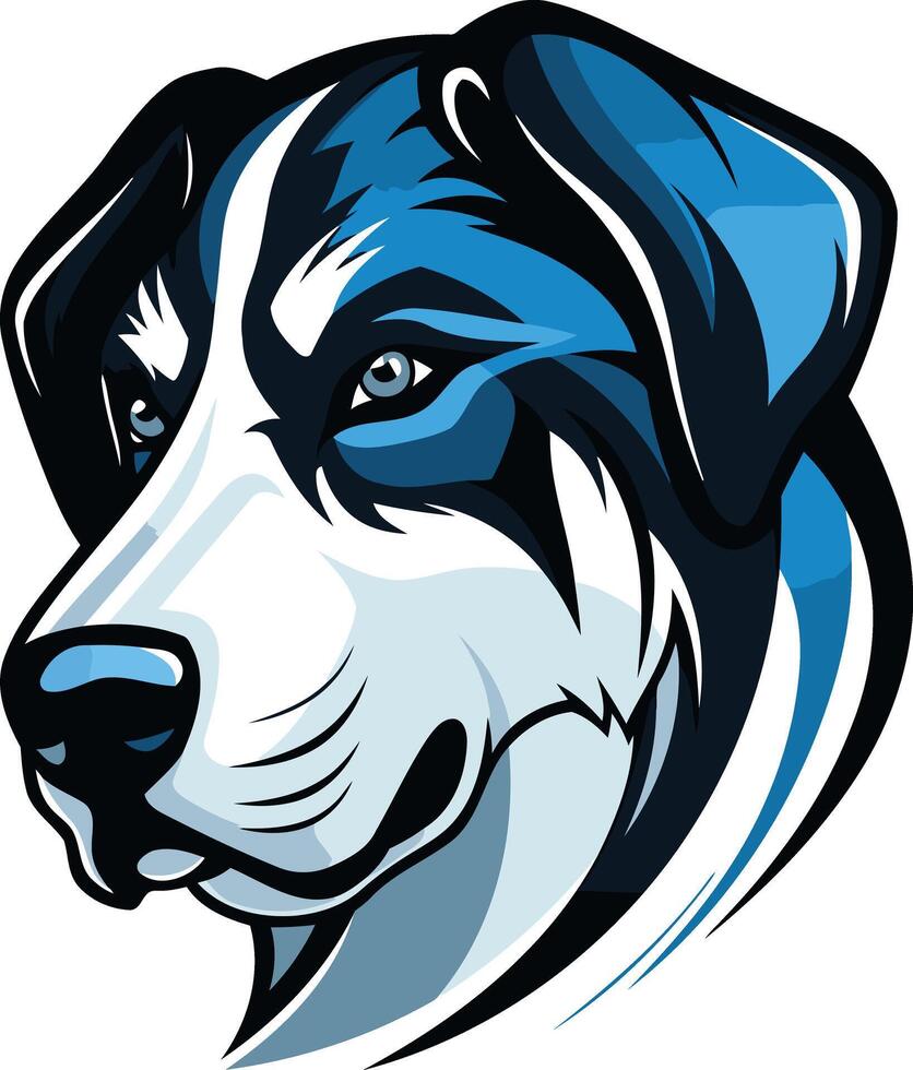 A bold and striking illustration of a dog's head, featuring a blue and white color scheme vector