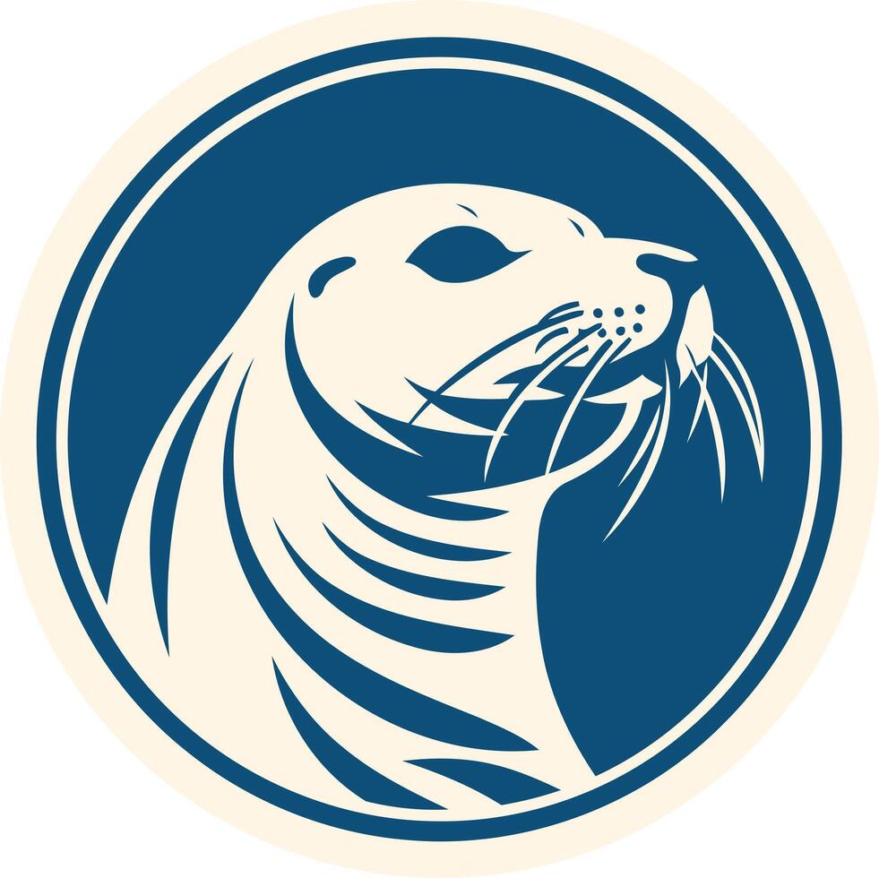 A stylized, circular logo featuring a seal's head in a blue circle on a beige background vector