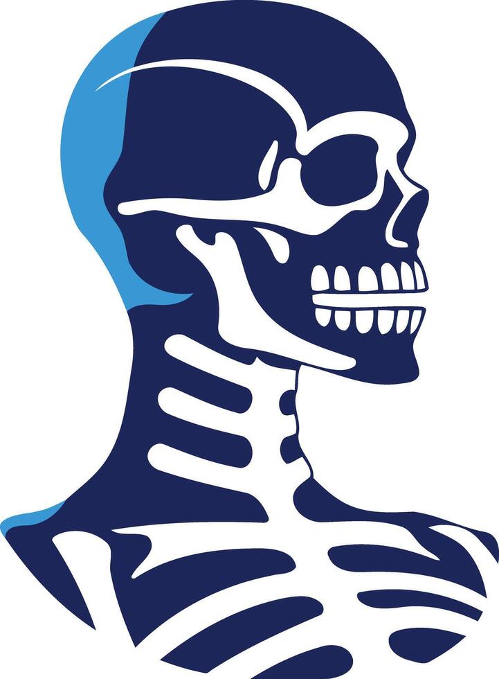 A stylized, blue skeleton head profile with visible ribs vector