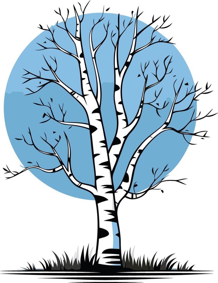 Simple, elegant illustration of a bare birch tree against a blue circle, perfect for nature-themed designs, branding, and environmental projects vector
