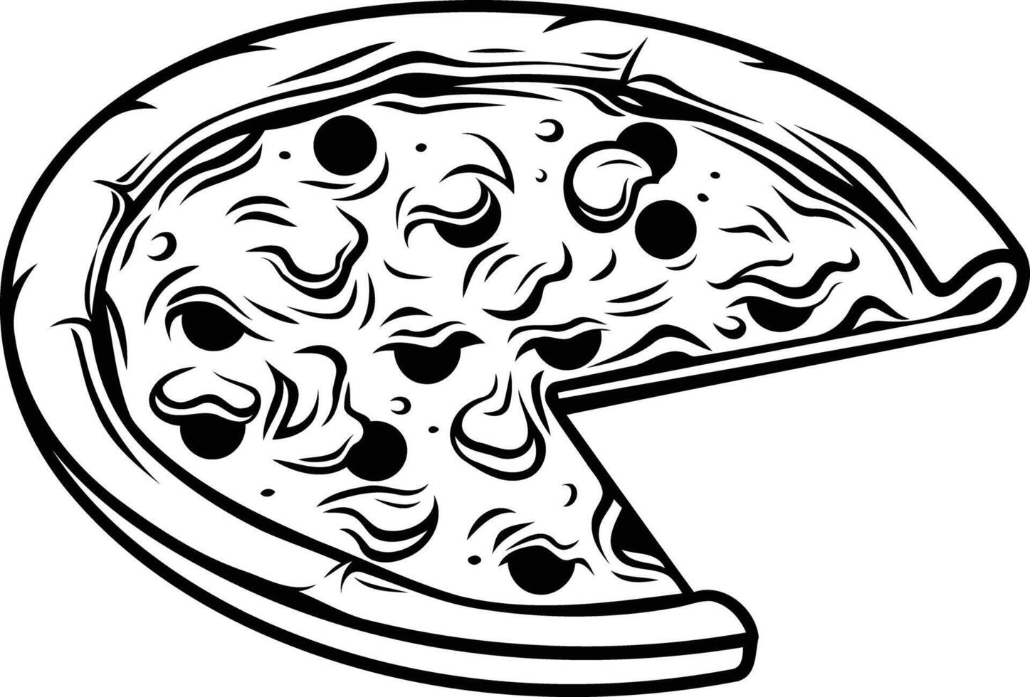 A classic, black and white illustration of a pizza with a slice removed, perfect for menu design, restaurant branding, or food-related projects vector