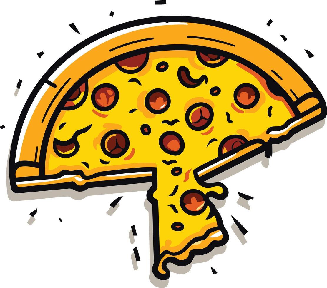 A fun, cartoon-style illustration of a pizza slice with dripping cheese vector