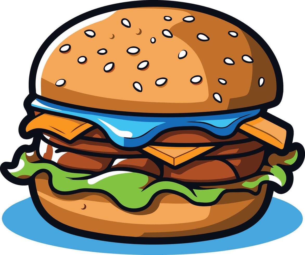 a cartoon illustration of a juicy, delicious burger with cheese, lettuce, and sauce, perfect for food-related designs, menus, and branding vector