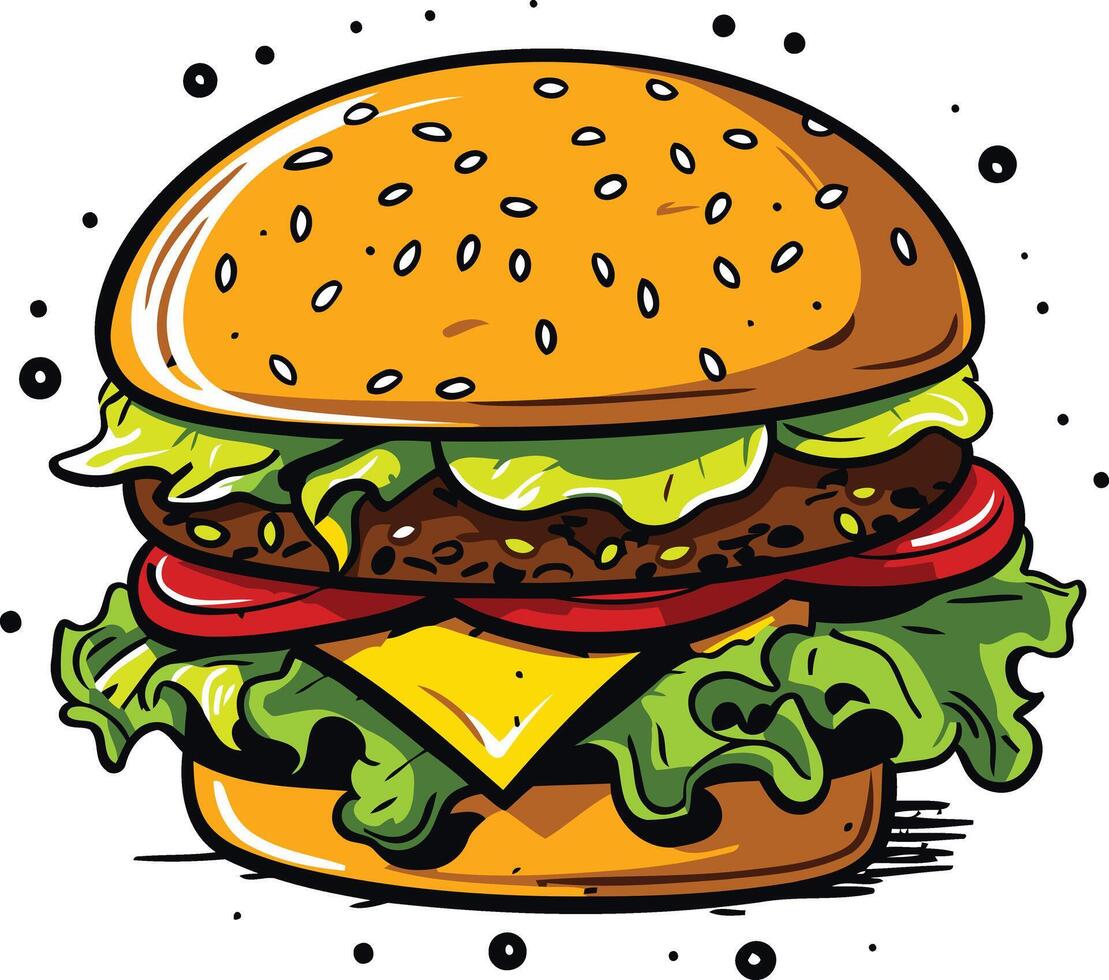 A delicious-looking cartoon burger with all the classic toppings vector