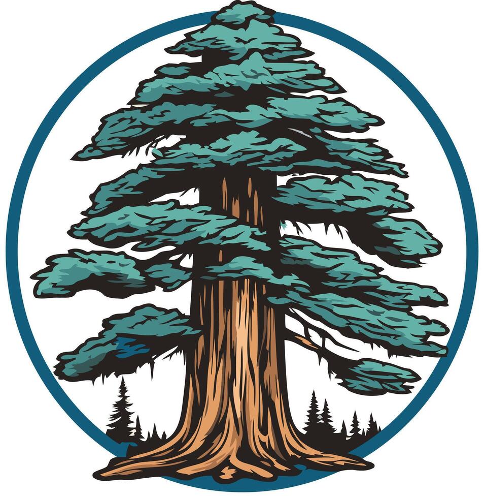 A majestic redwood tree stands tall in a circular frame, symbolizing strength, longevity, and resilience vector