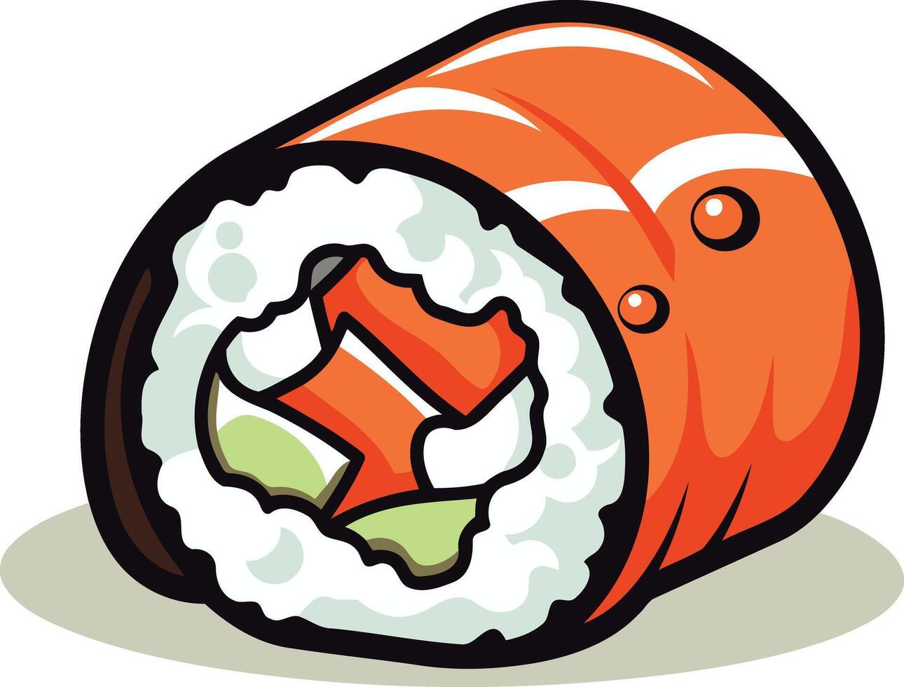 A cartoon illustration of a delicious-looking salmon sushi roll, perfect for menus, food blogs, or any project related to japanese cuisine vector