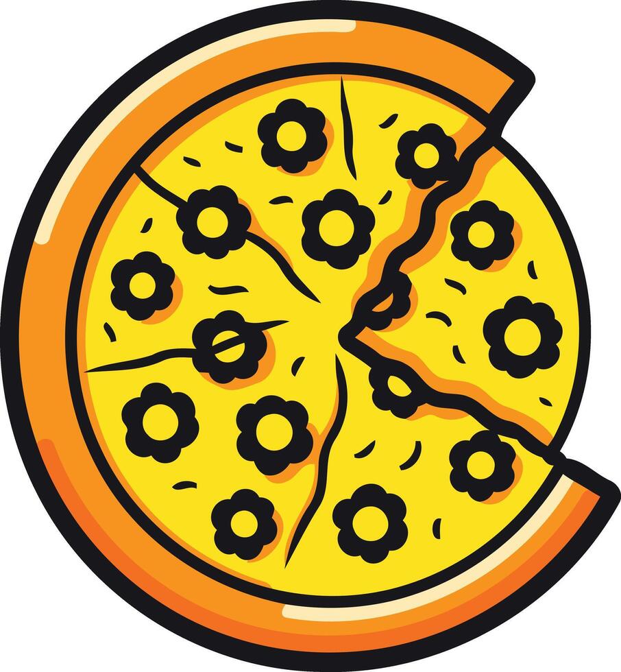 A cartoon-style pizza with a slice missing, perfect for menus, social media posts, and branding for pizza restaurants or food delivery services vector