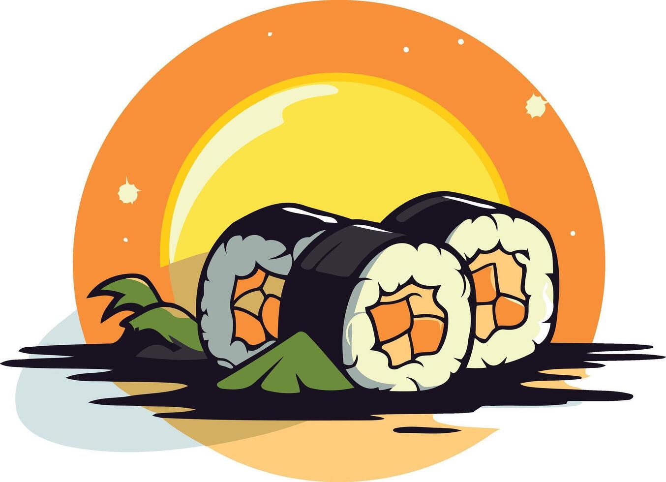 A vibrant illustration of three sushi rolls against a sunset background, perfect for menu design, branding, and social media vector