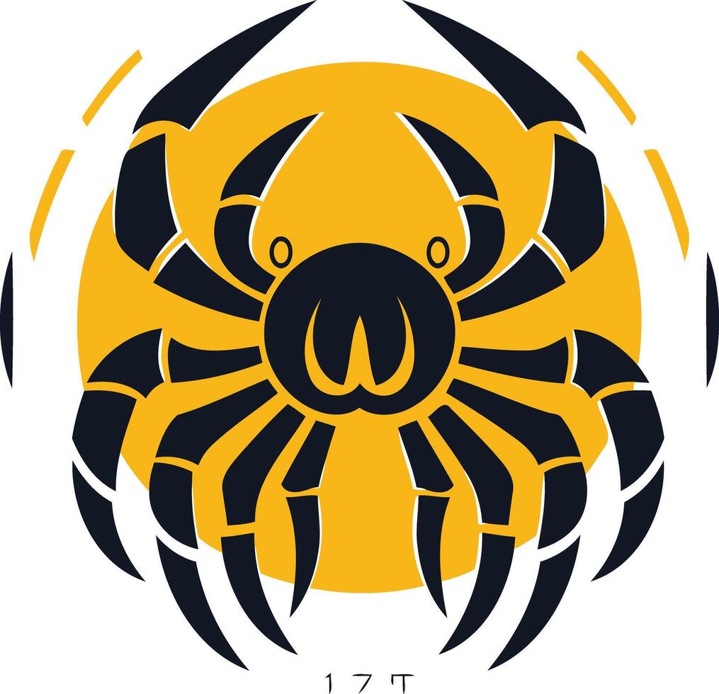 A bold and stylized black crab silhouette against a bright yellow sun, perfect for branding, apparel, and web design vector