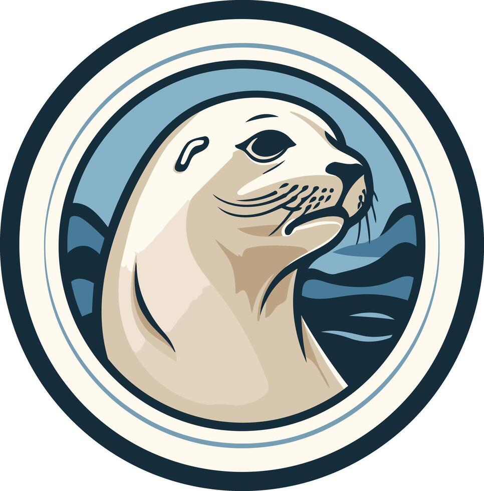 A stylized illustration of a seal's head, in a circular frame with a wavy background vector