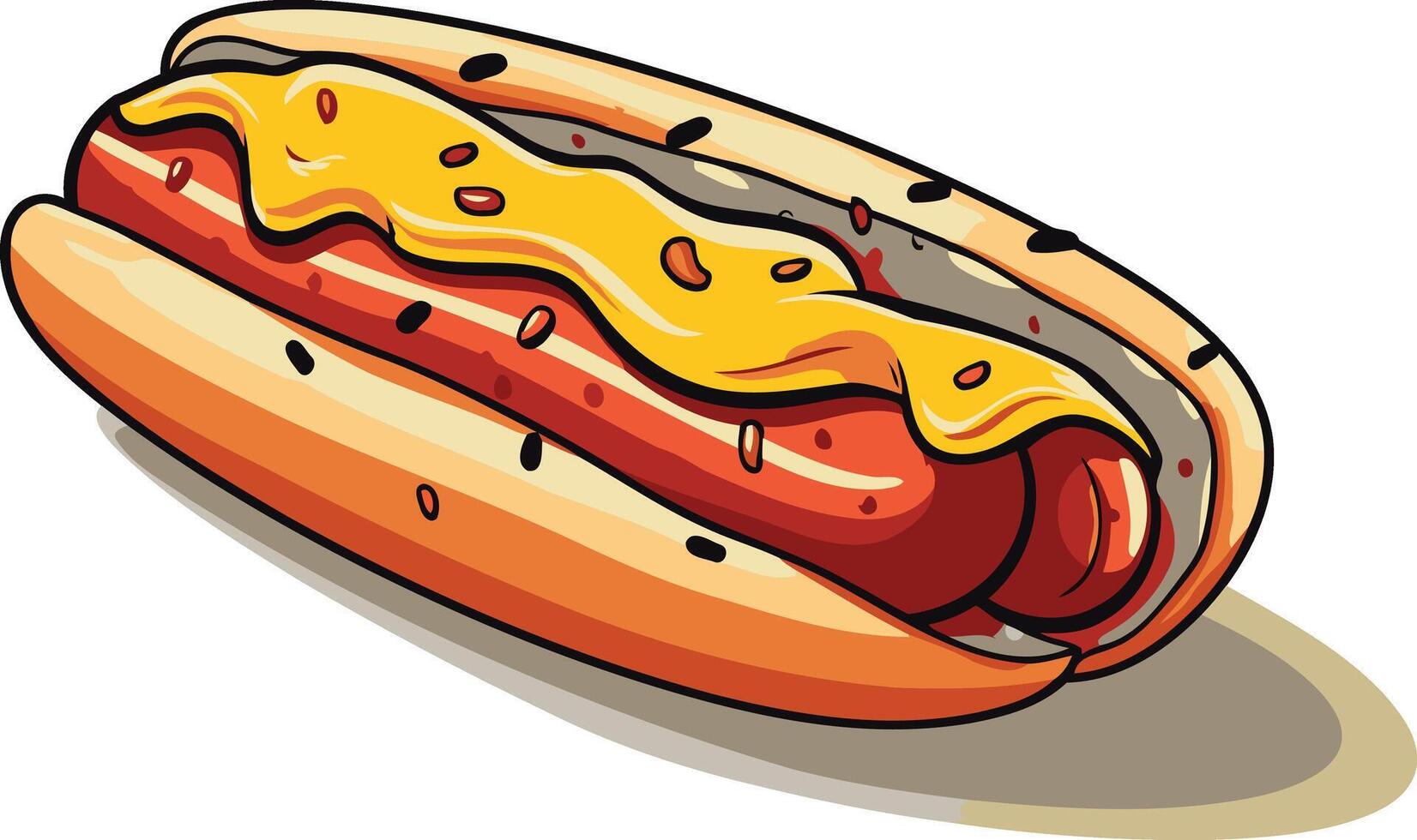 A cartoon-style hot dog with mustard and a soft bun, perfect for menu designs, food blogs, or advertising vector