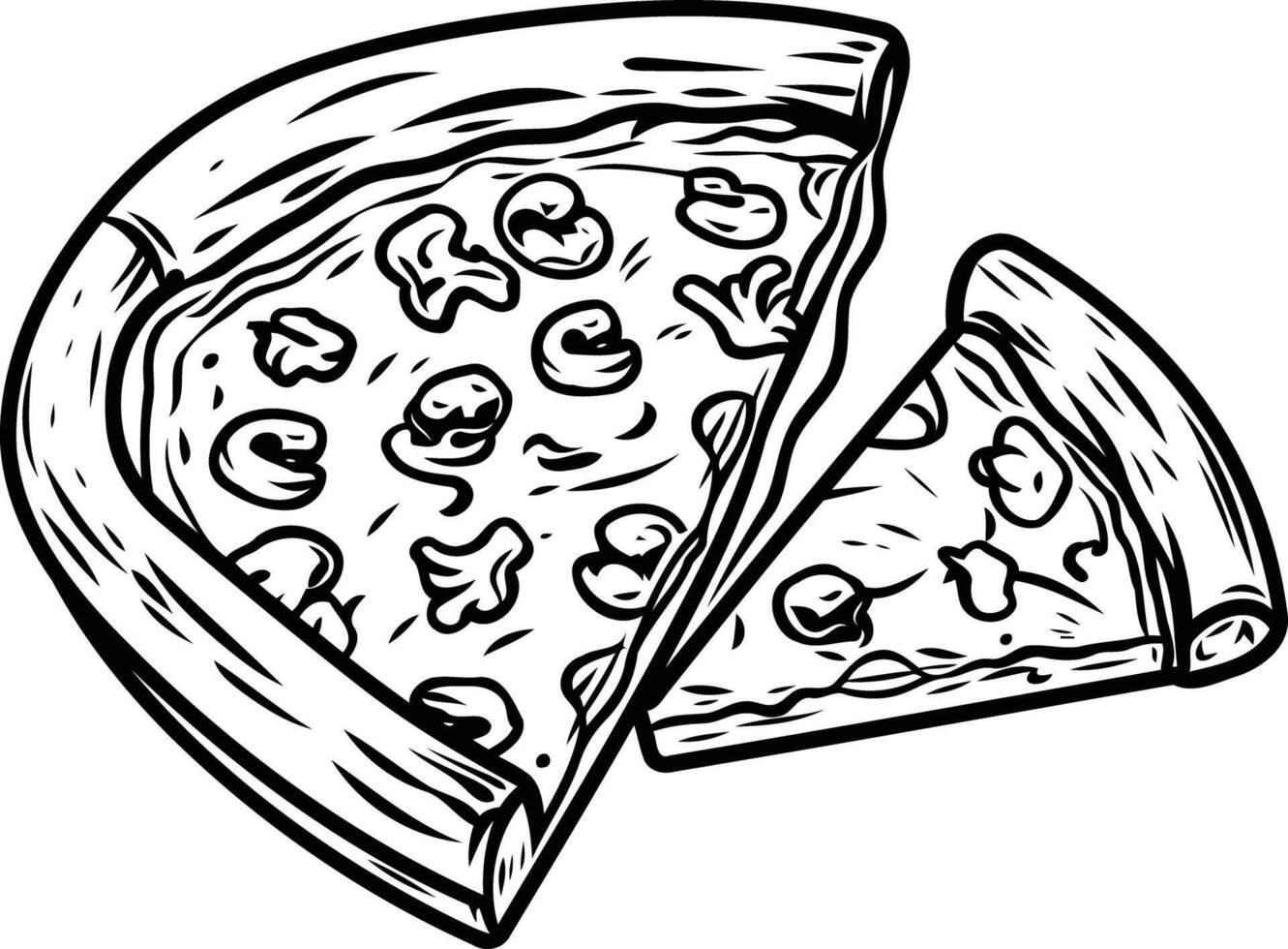 A hand-drawn illustration of a delicious pizza, with a slice pulled away to reveal the cheesy goodness within vector