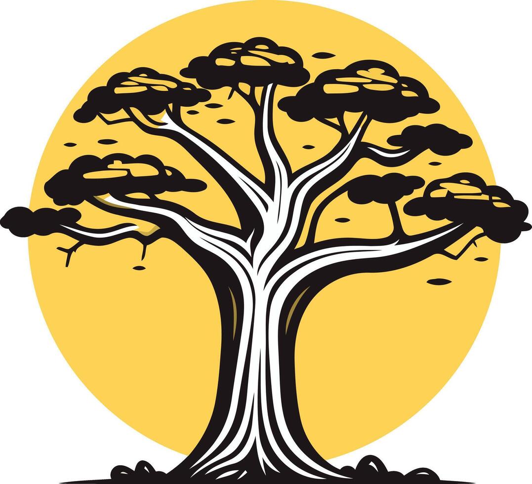 A stylized silhouette of a majestic tree against a yellow sun, representing growth, strength, and resilience vector