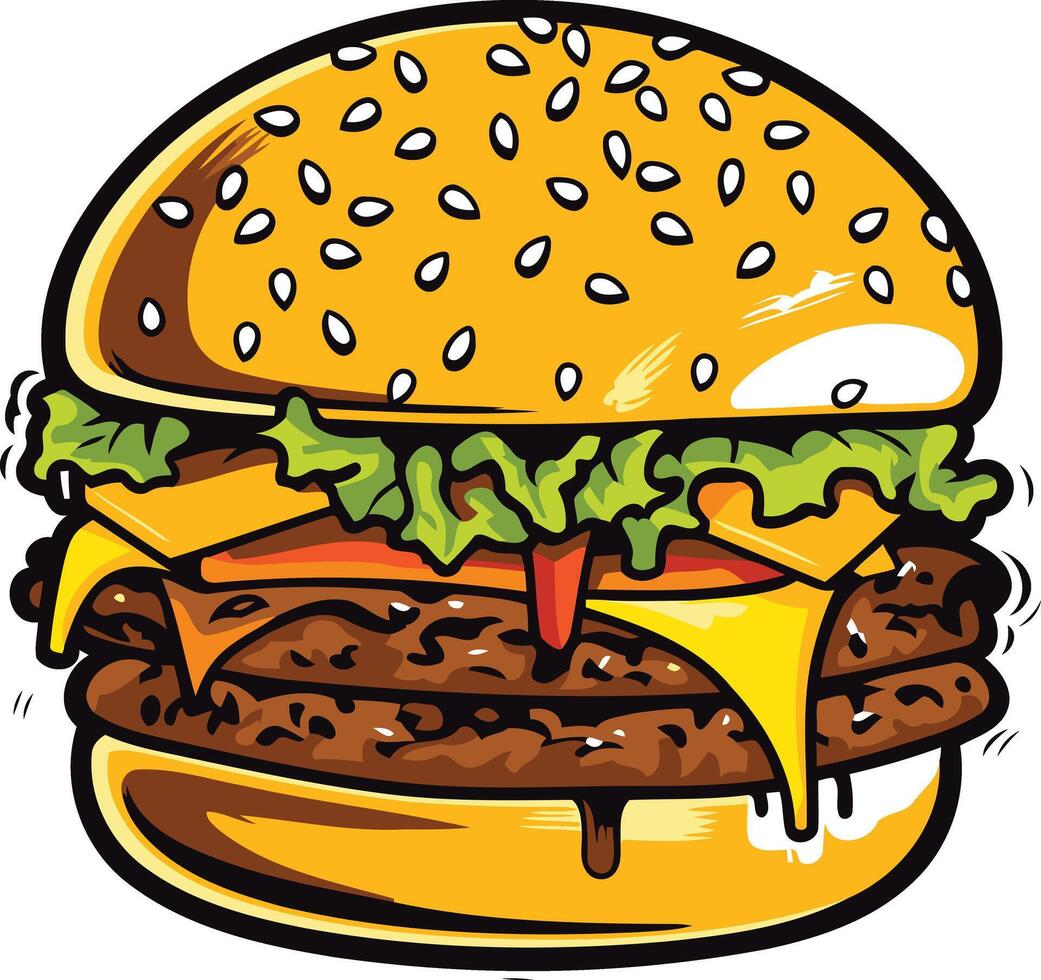 A delicious, cartoon-style double cheeseburger with lettuce, tomato and dripping cheese vector