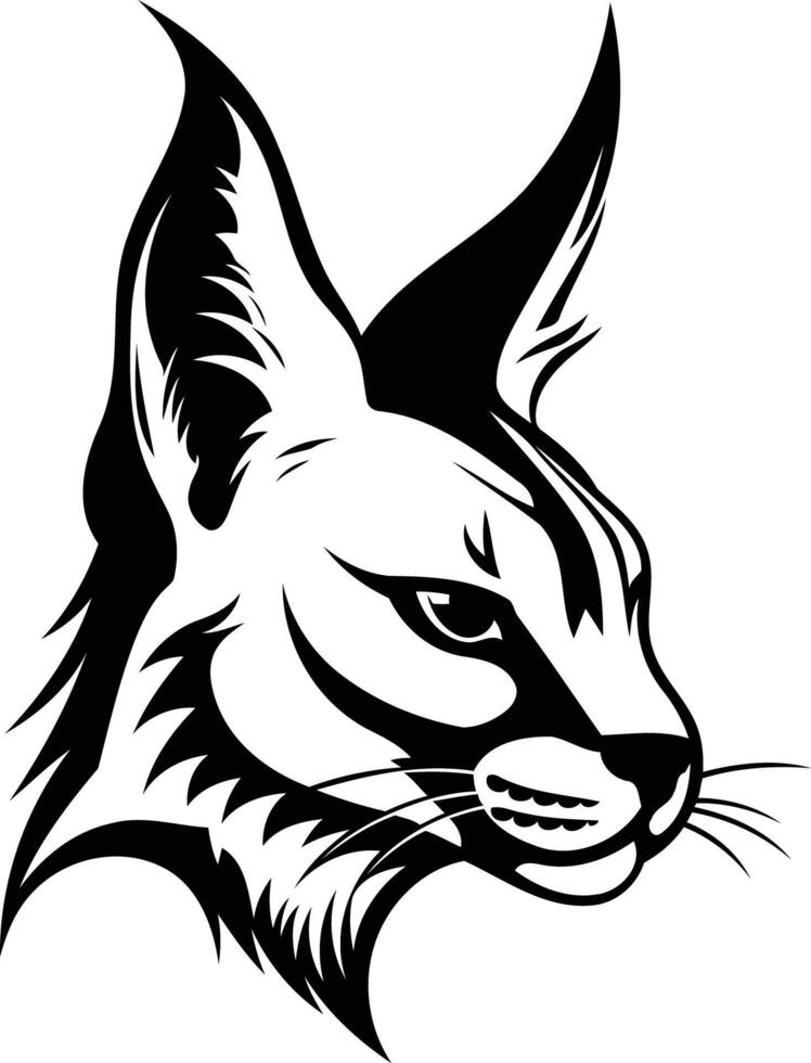 A striking black and white illustration of a caracal's head, perfect for tattoo designs, animal-themed projects, and bold graphic designs vector