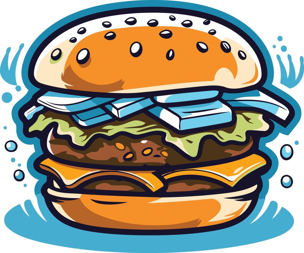 A delicious, cartoon-style double cheeseburger with lettuce, tomato, and onion vector