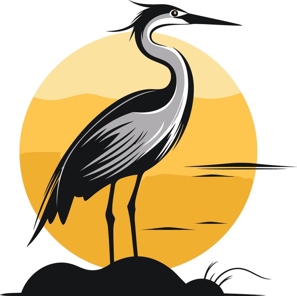A stylized heron silhouette stands against a sun-drenched background, creating a captivating logo perfect for nature-inspired brands and organizations vector