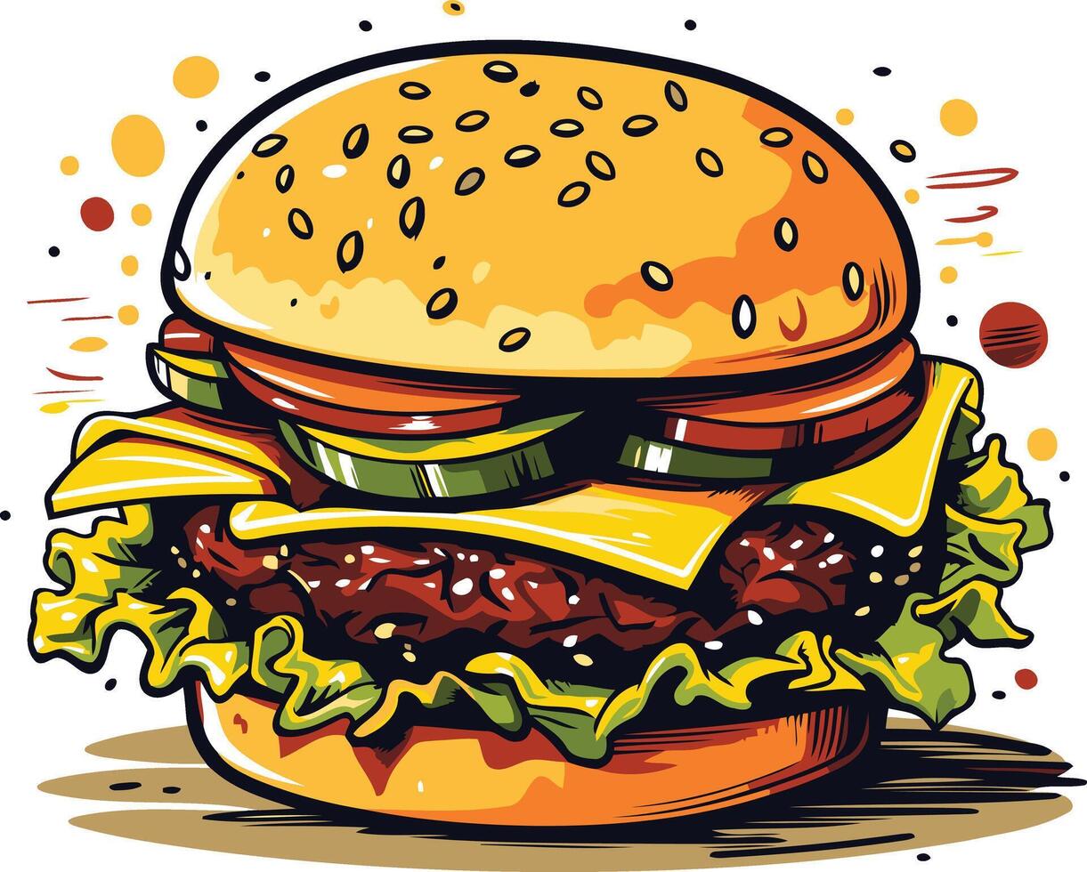 A juicy, cartoon-style burger with all the fixings vector