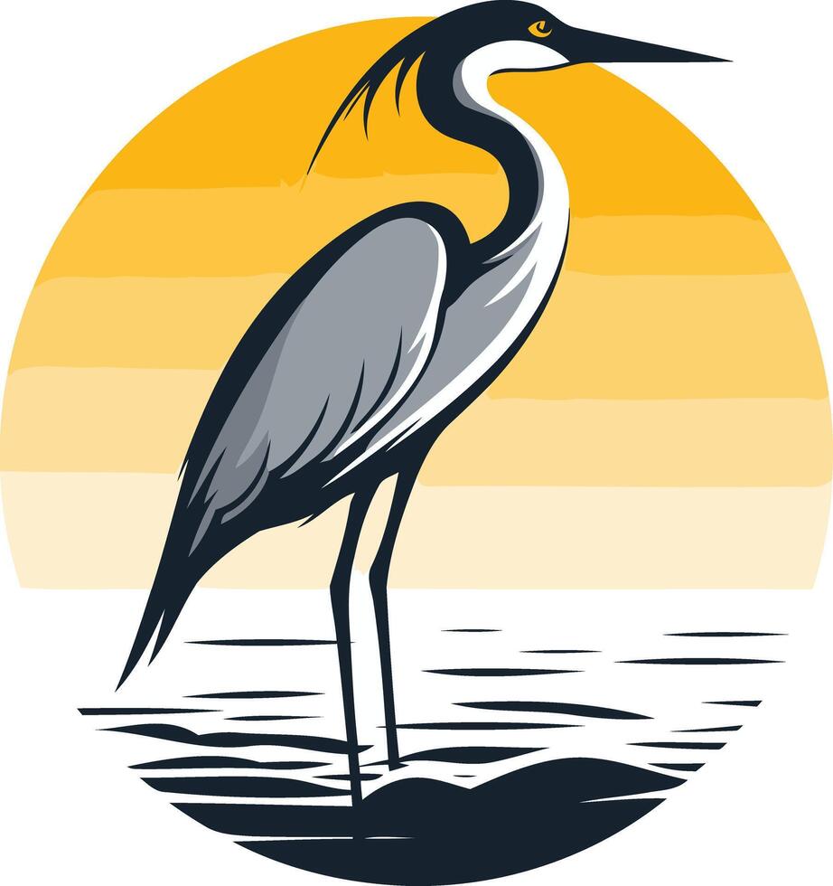 A stylized heron stands tall against a sunset, creating a captivating logo design perfect for nature-inspired brands vector