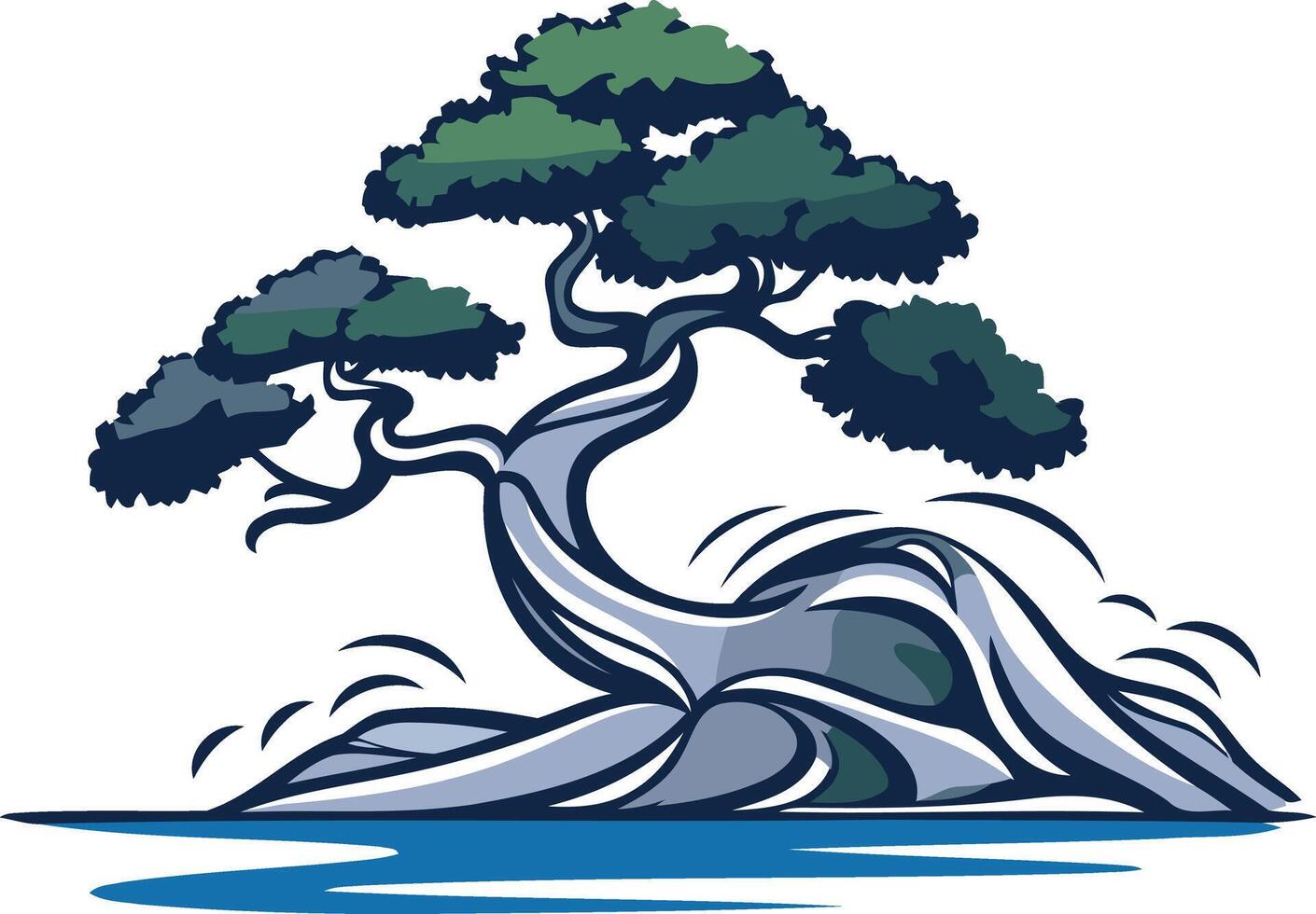 A stylized illustration of a bonsai tree, with a strong, twisting trunk and branches, growing from a small island vector