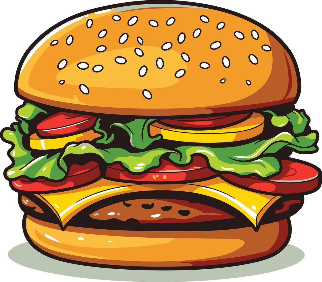 A mouthwatering cartoon illustration of a classic hamburger, perfect for food blogs, menus, and social media posts vector