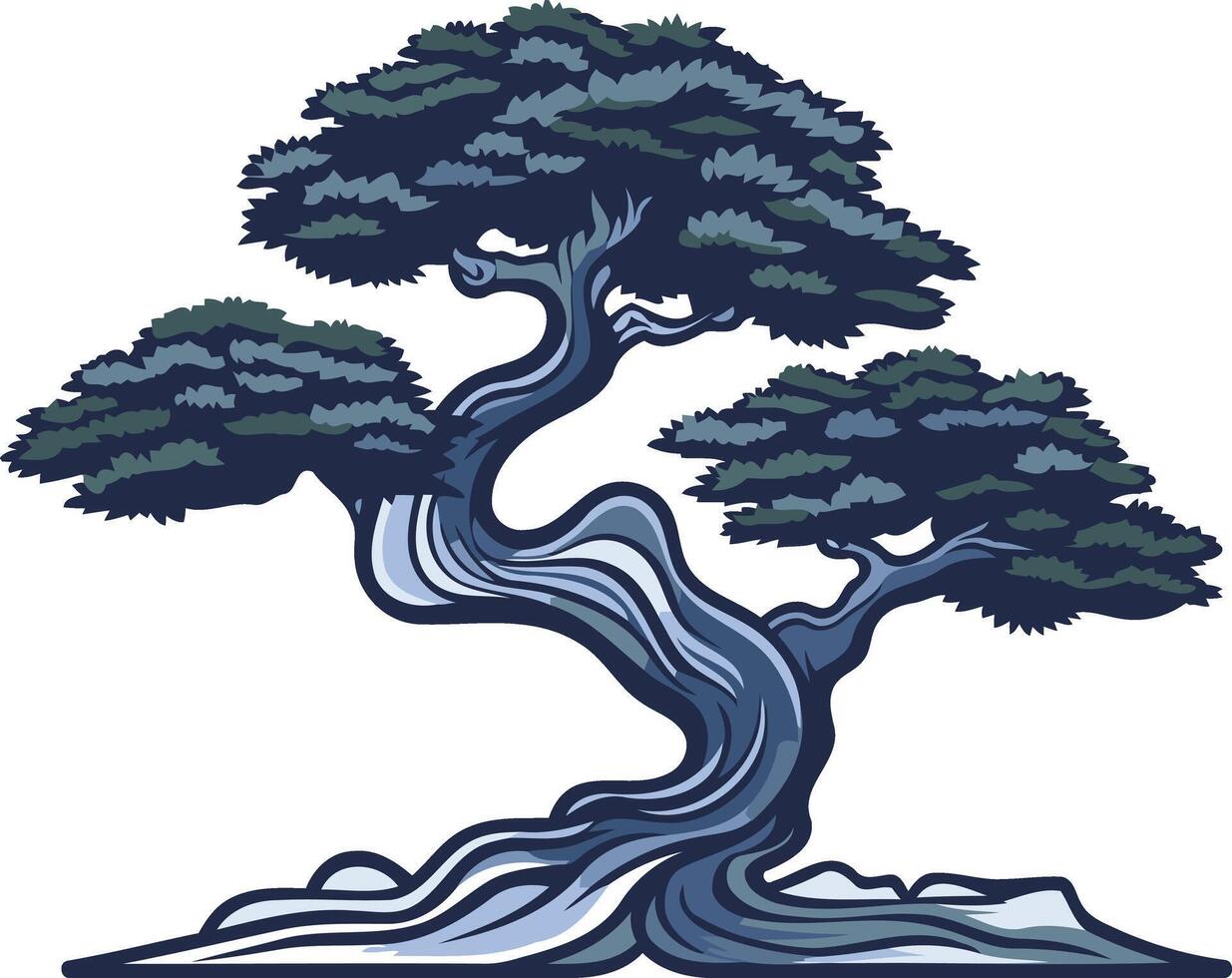 A stylized blue bonsai tree with a twisting trunk, representing growth, resilience, and peace vector