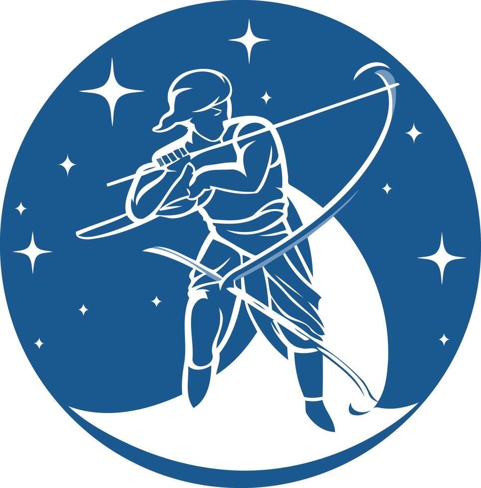 A bold, stylized illustration of a golfer swinging their club under a starry sky vector