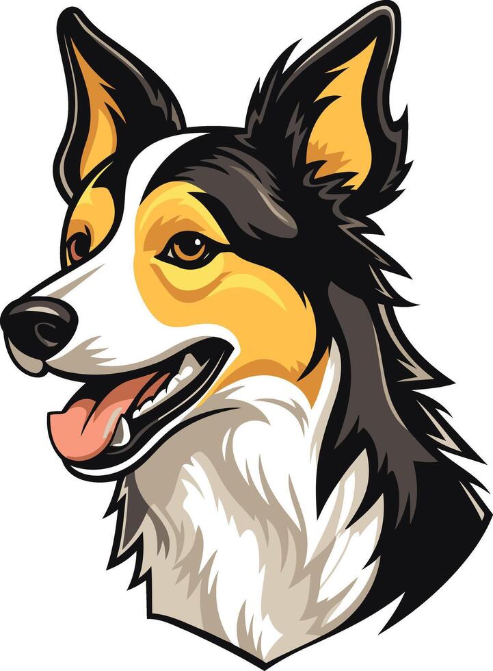 smiling border collie with black, white, and orange markings vector