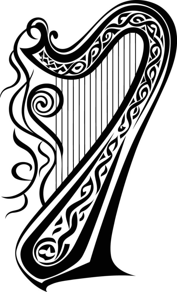Celtic harp with intricate design, perfect for tattoos, music, and irish heritage vector