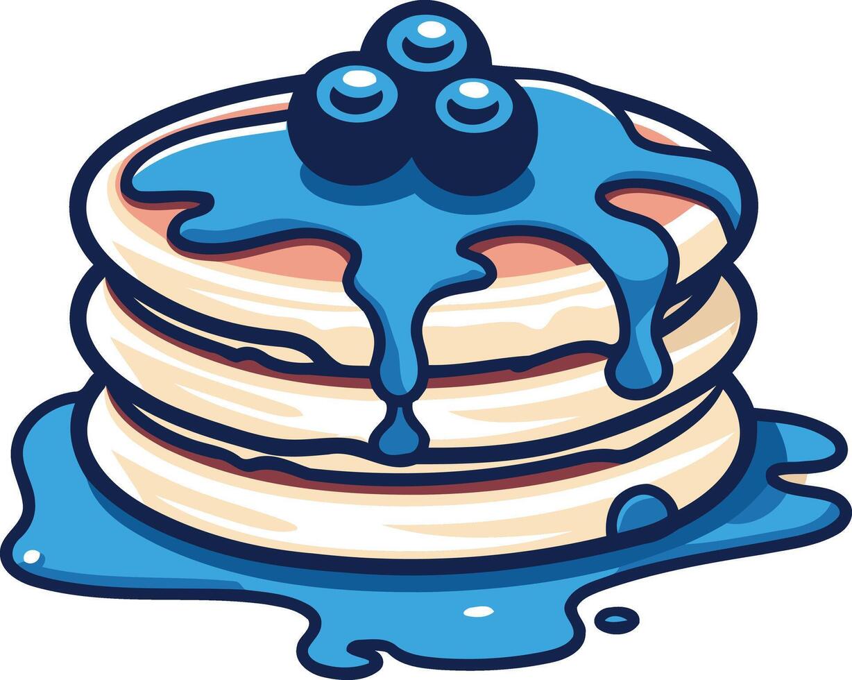 A cartoon illustration of a delicious stack of pancakes, drizzled with blue syrup and topped with blueberries vector