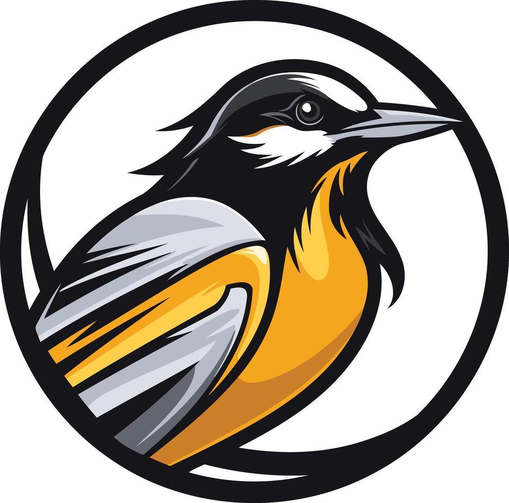 A stylized bird with vibrant yellow and black plumage, encased in a circular frame vector