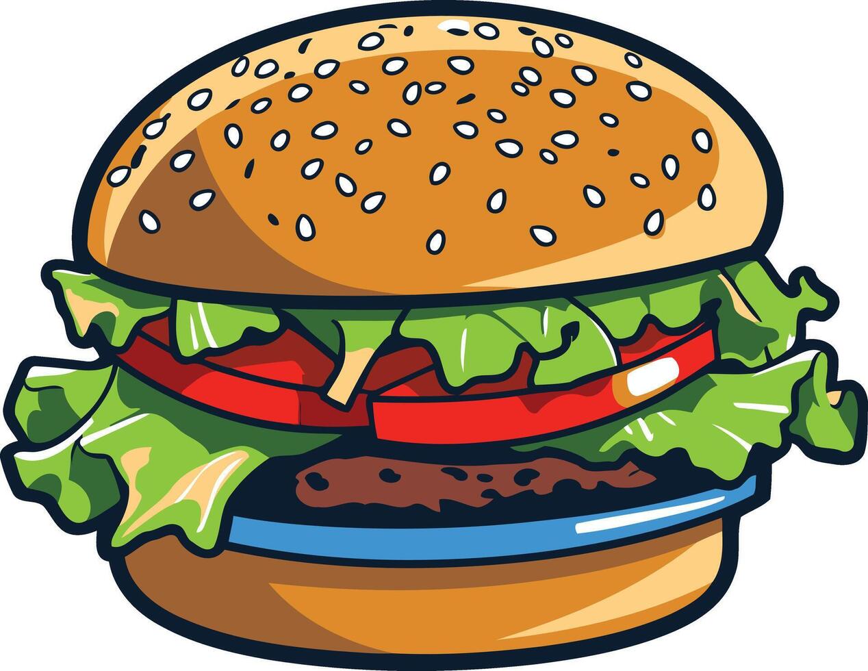 A cartoon-style hamburger with lettuce, tomato and a beef patty vector