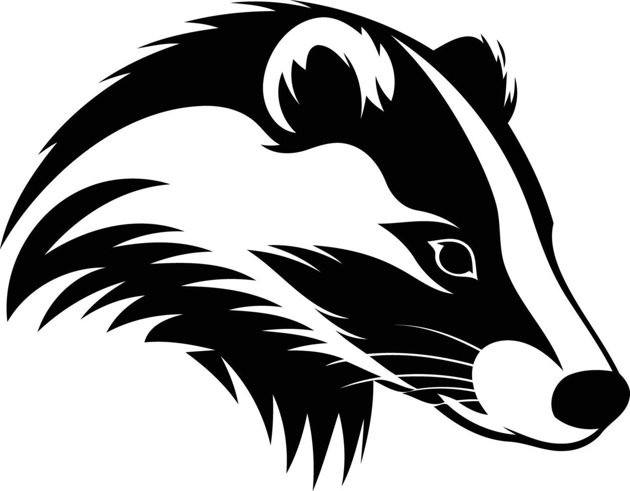 A bold, stylized silhouette of a badger's head in black and white vector