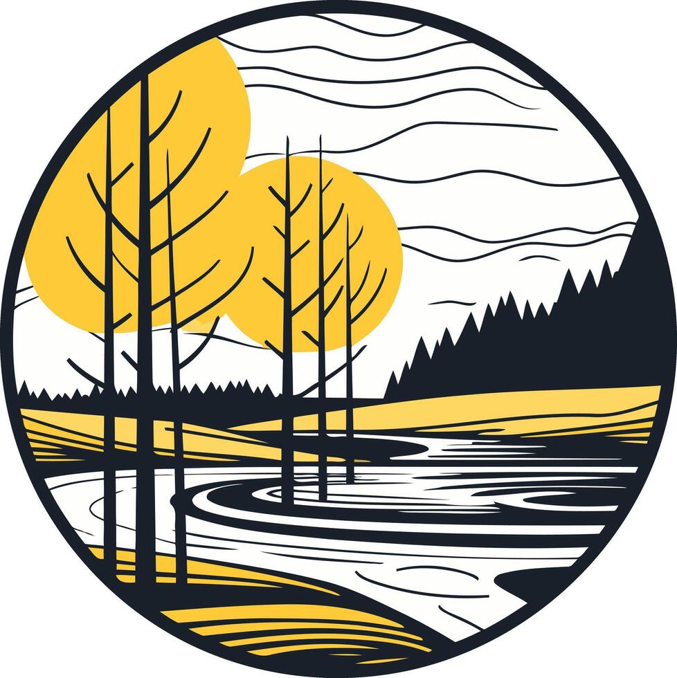 A minimalist, circular logo design featuring a winding river, trees, and a double sunset vector
