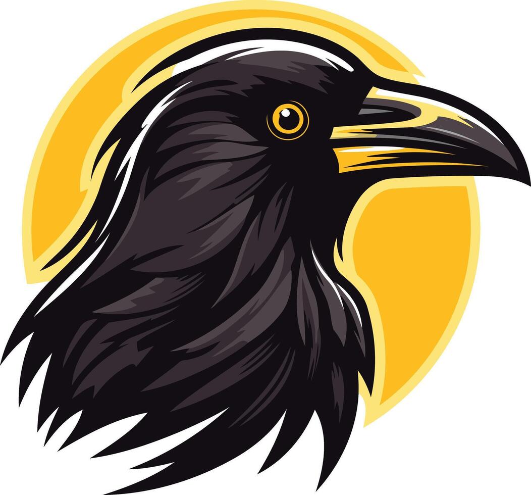 A powerful and striking illustration of a raven's head against a sunburst background vector