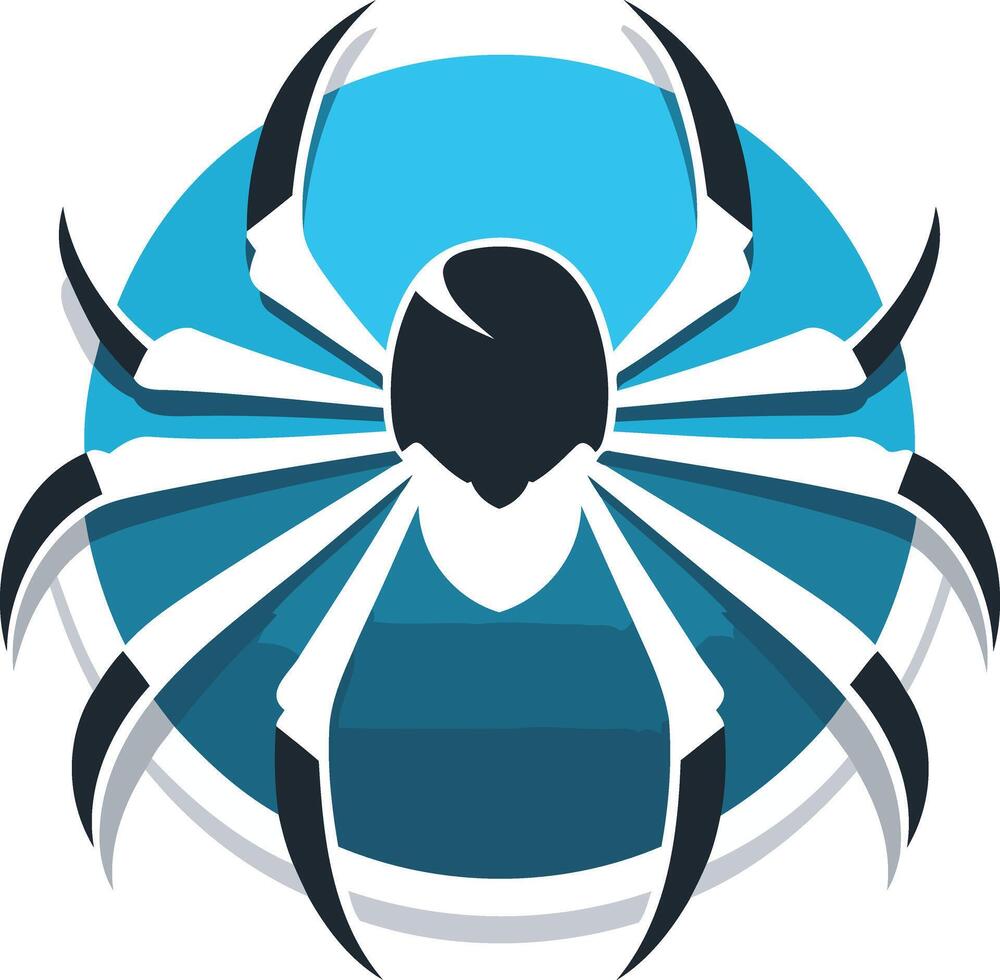 A bold and graphic spider logo design with a blue circular background, perfect for tech, security, or gaming brands seeking a powerful and eye-catching identity vector