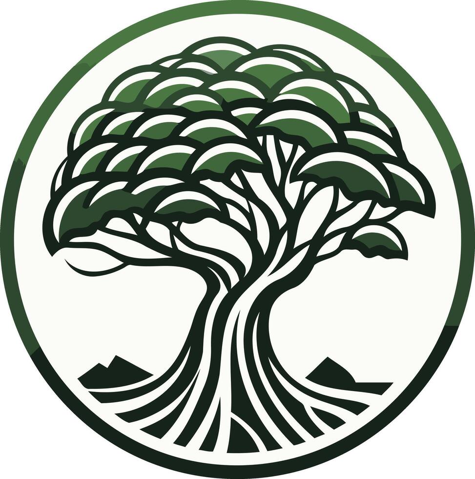 A stylized, circular logo featuring a majestic tree with intricate roots, symbolizing growth, strength, and connection to nature vector