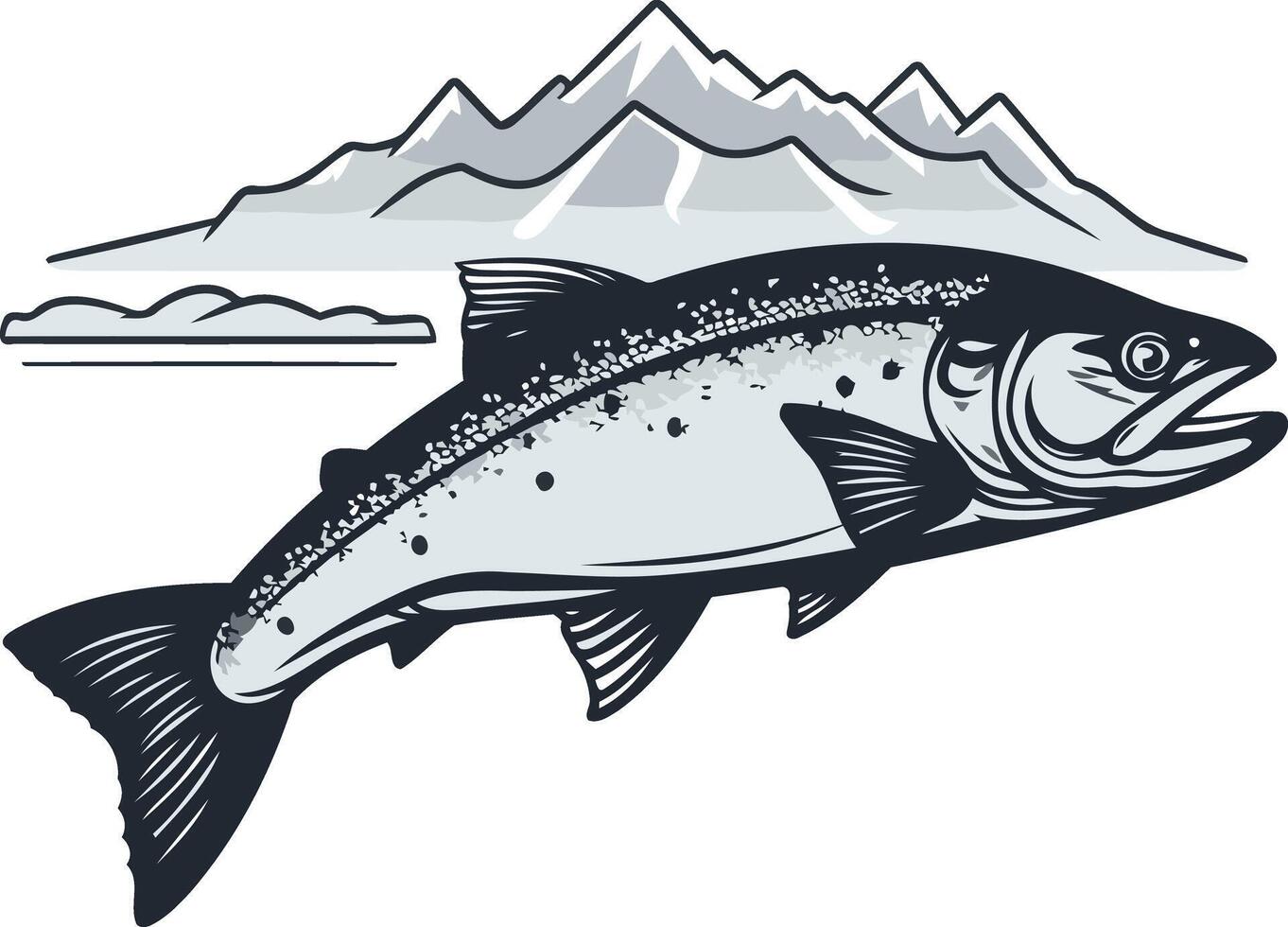A stylized salmon leaping against a backdrop of mountains, perfect for outdoor brands, fishing businesses, and nature-themed designs vector