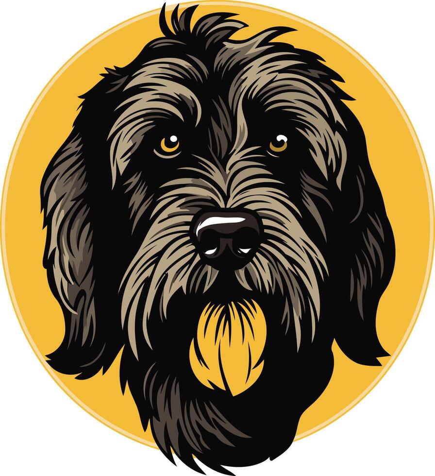 A playful, cartoon-style illustration of a black dog with a bright yellow ball in its mouth vector